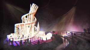 Modern abstract spiral structure with dramatic lighting and amphitheater seating, creating a surreal atmosphere.
