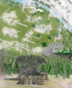 Urban riverside park masterplan aerial illustration with pavilions, paths, and landscape architecture features.