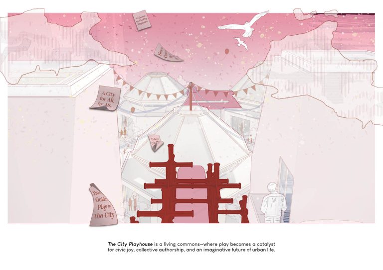 City Playhouse rooftop urban commons illustration with playful structures, bunting, community tents, and civic joy.