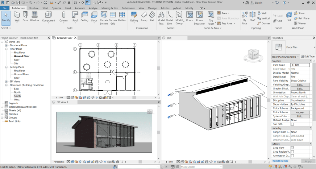 Screenshot of Autodesk Revit interface showing project browser, properties panel, and multiple model viewports.