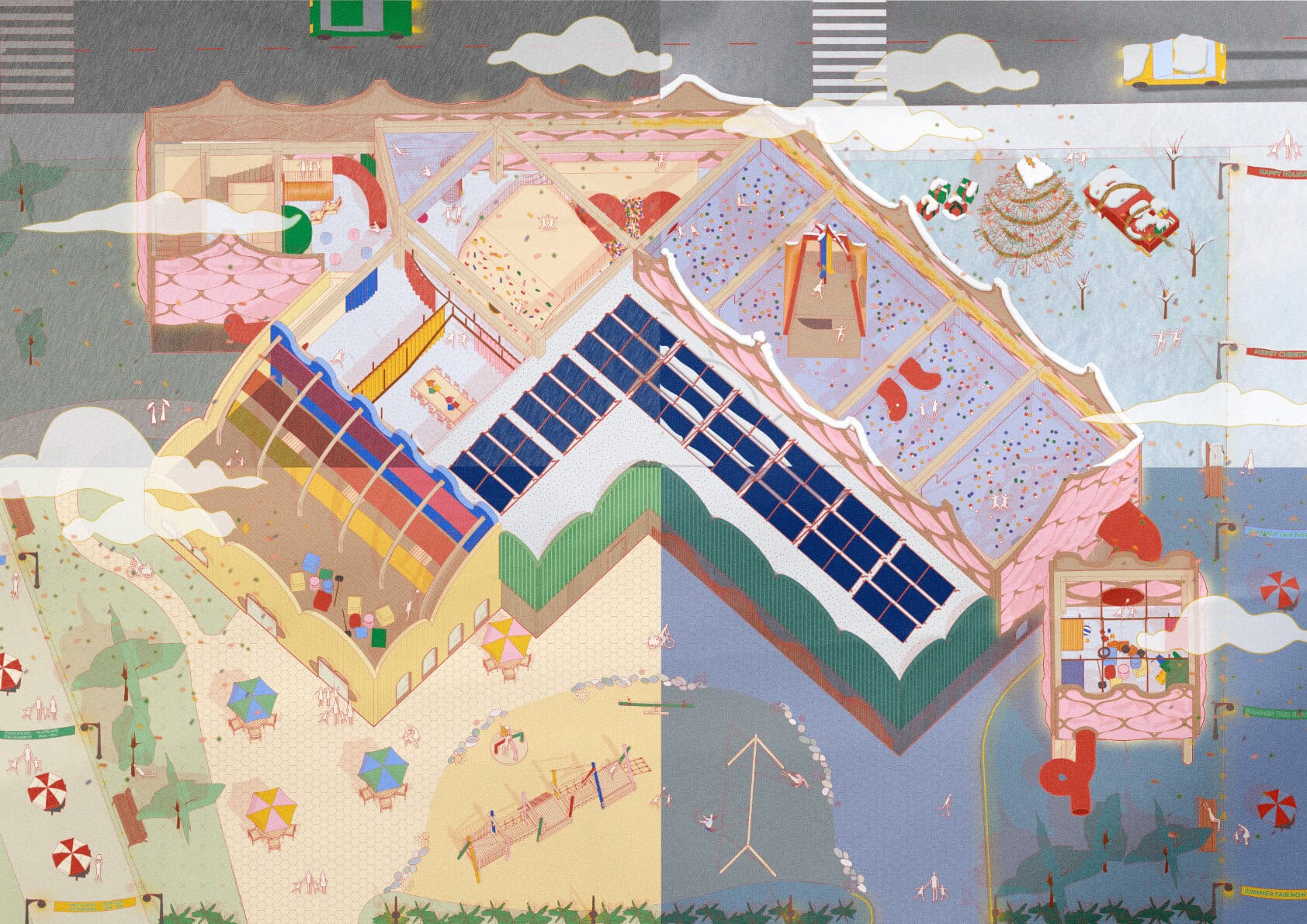 Vibrant community park featuring beach, dining areas, and sustainable design elements.