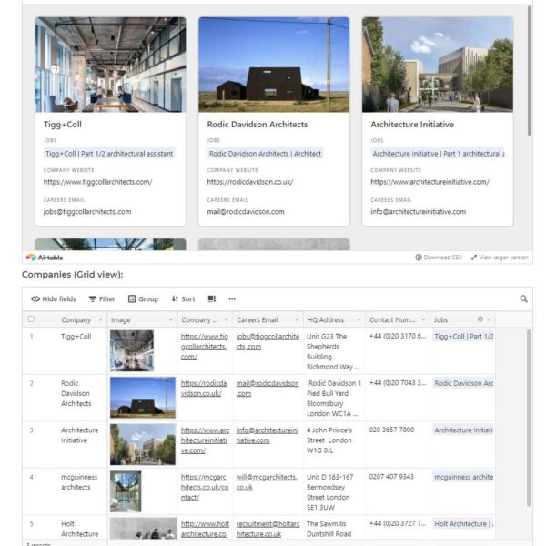 Company information in Gallery and List Views showing details for three companies.