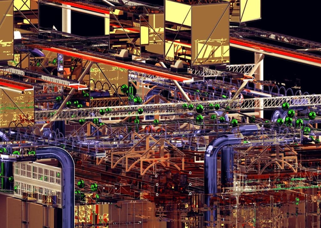 Intricate abstract industrial structure showcasing geometric complexity and futuristic design elements.