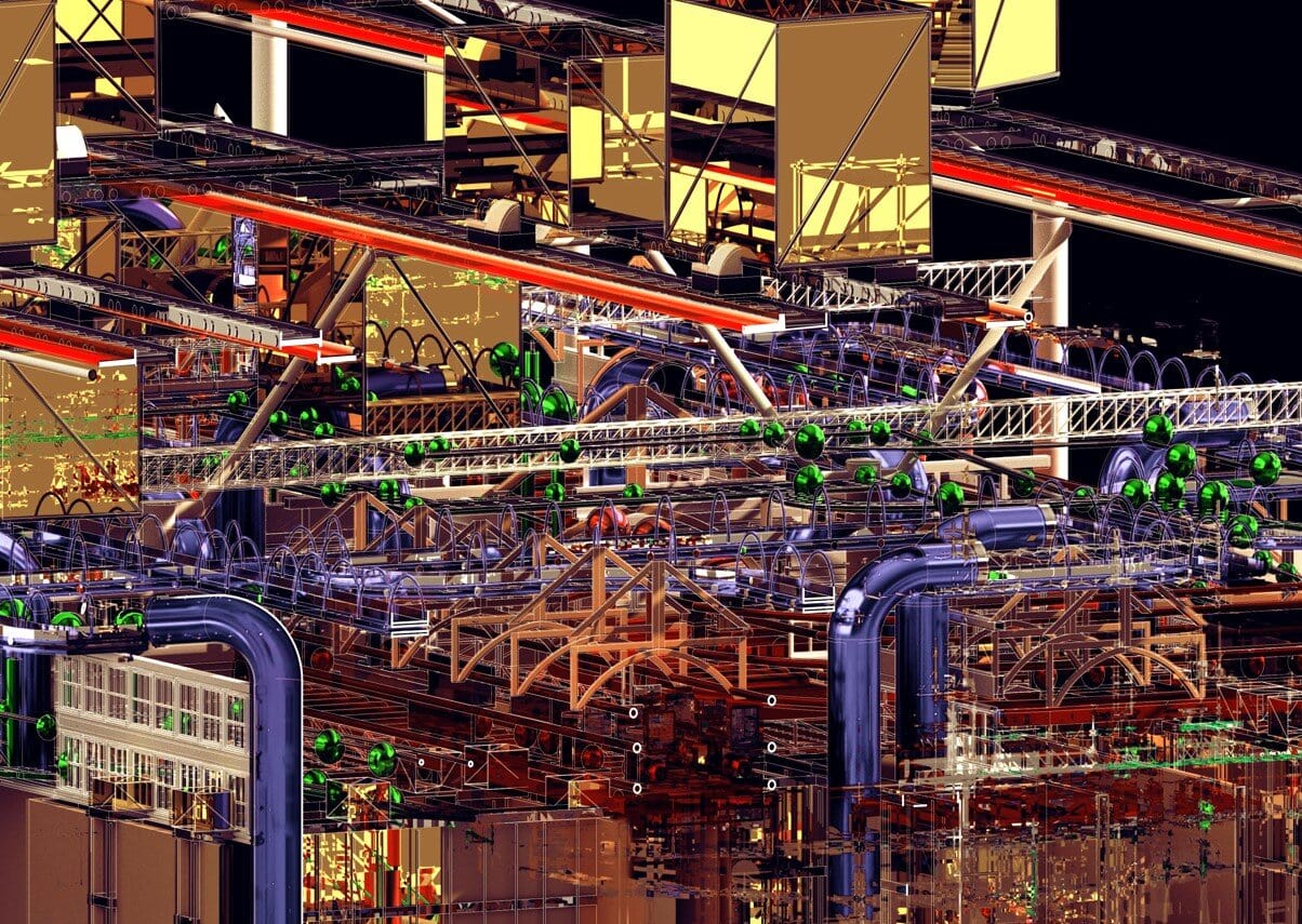 Intricate abstract industrial structure showcasing geometric complexity and futuristic design elements.