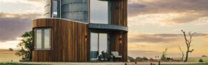 Cooee Architecture low-carbon regional project, converted silo farmstay at sunset