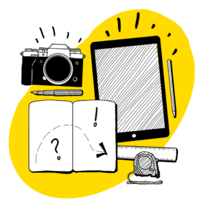 Creative toolkit: camera, notebook, tablet, ruler, and stapler on vibrant yellow background.