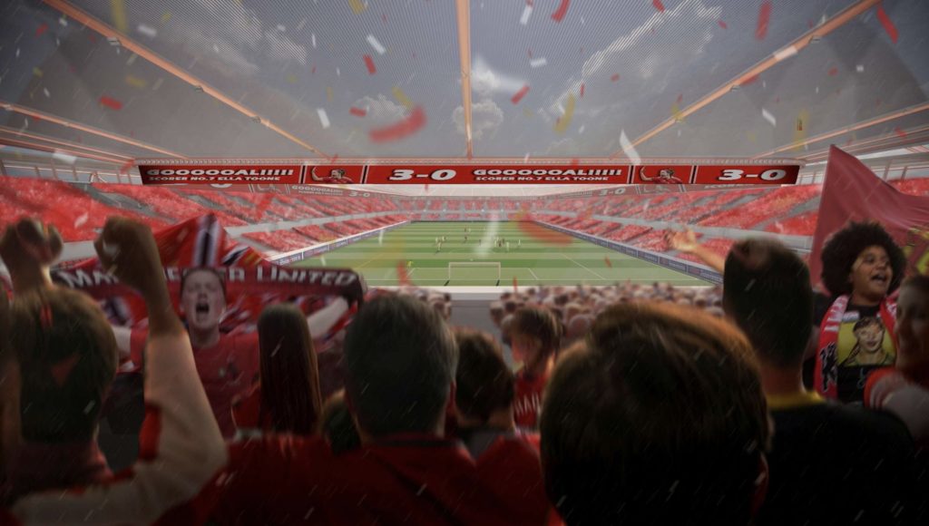 Exciting football match atmosphere with passionate fans and vibrant team spirit in a packed stadium.