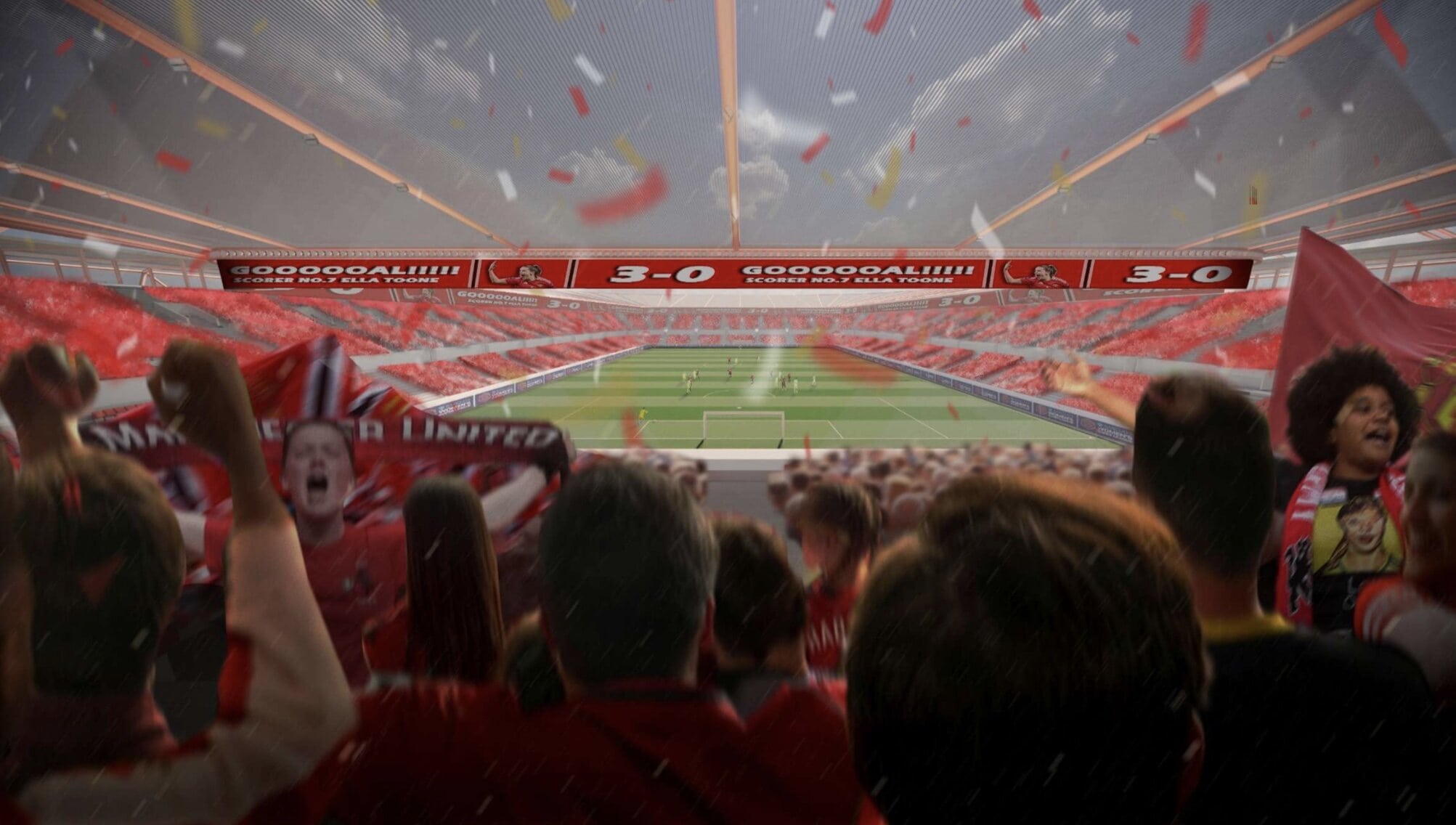 Exciting football match atmosphere with passionate fans and vibrant team spirit in a packed stadium.