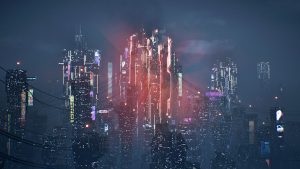 Futuristic cyberpunk city skyline at night, neon-lit towers in fog, glowing red spire.