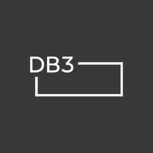 Modern minimalist DB3 logo with geometric shape on dark gray background.