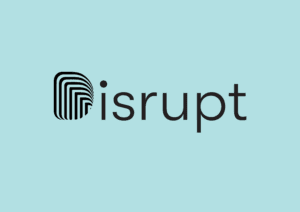 Minimalist disrupt logo with black text and fingerprint-like icon on light blue background.