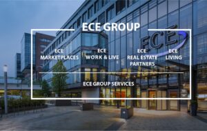 Modern ECE Group headquarters with glass facade, urban setting, and divisions listed: Marketplaces, Work & Live, Real Estate Partners, and Living.