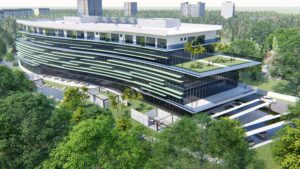 Eco-friendly modern building with sleek design amidst lush greenery.