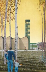 Family walking through a serene park with modern buildings and birch trees in the background.