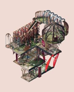 Surreal multi-level structure of arches, domes, and walkways defying conventional architecture.