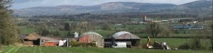 Tranquil rural farmstead with fields, buildings, church, hills, and dappled sunlight.