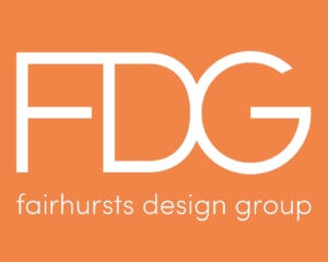 Fairhurst Design Group logo: Bold white FDG on vibrant orange background, modern and cohesive design.
