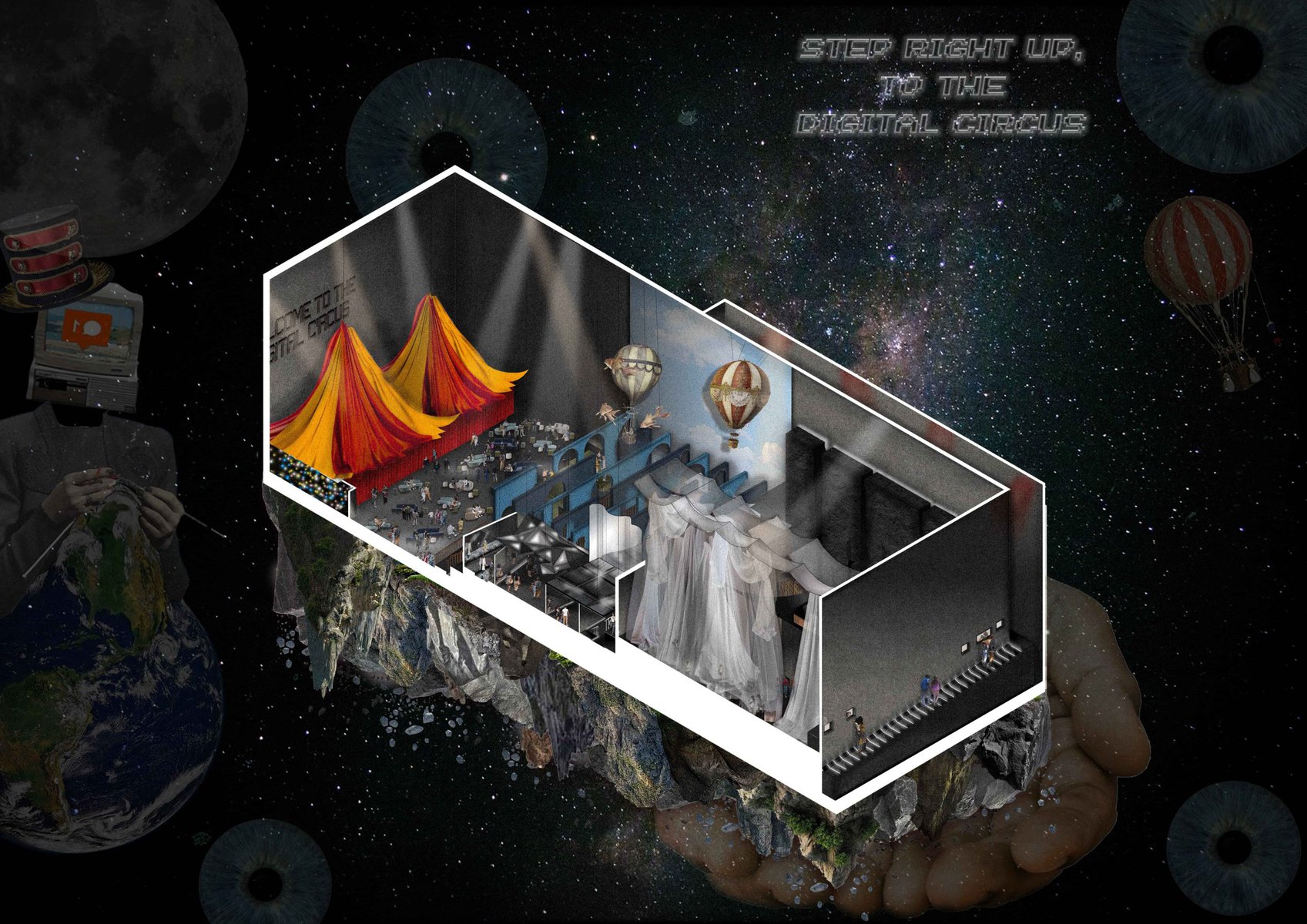 Cosmic Dreams: A surreal circus adventure amidst stars, blending whimsy and mystery in space.