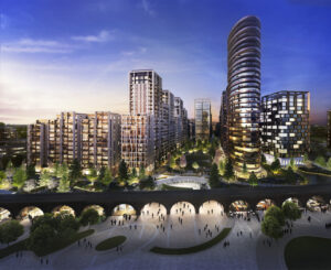 Futuristic urban plaza with high-rise buildings, trees, and public spaces bustling with people.