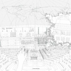 Futuristic control room with tiers of seating, global map display, and human hand interacting with interface.
