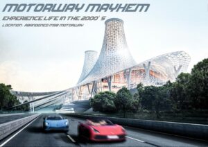 Futuristic motorway scene with high-tech cars, advanced architecture, and lush greenery.