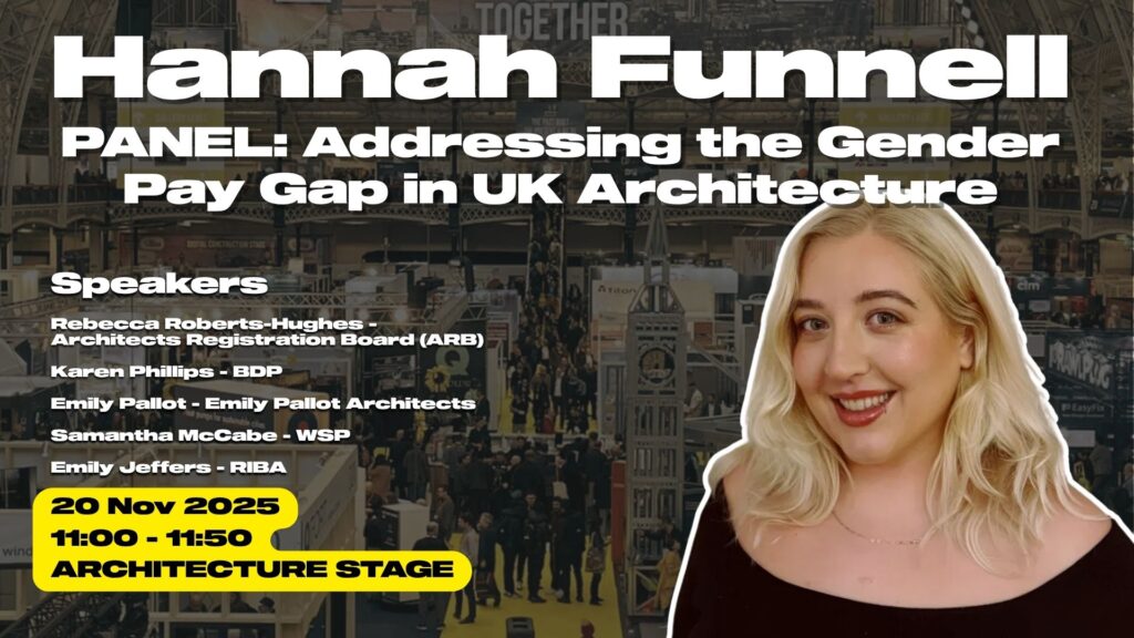 UK architecture panel poster on closing the gender pay gap, details: 20 Nov 2025.