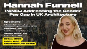 UK architecture panel poster on closing the gender pay gap, details: 20 Nov 2025.