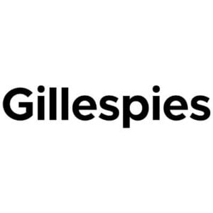 Modern Gillespies logo: bold black typeface on white background, minimalist and professional.