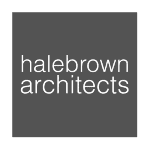 Hale Brown Architects minimalist logo: modern, clean, gray square with white sans-serif text.