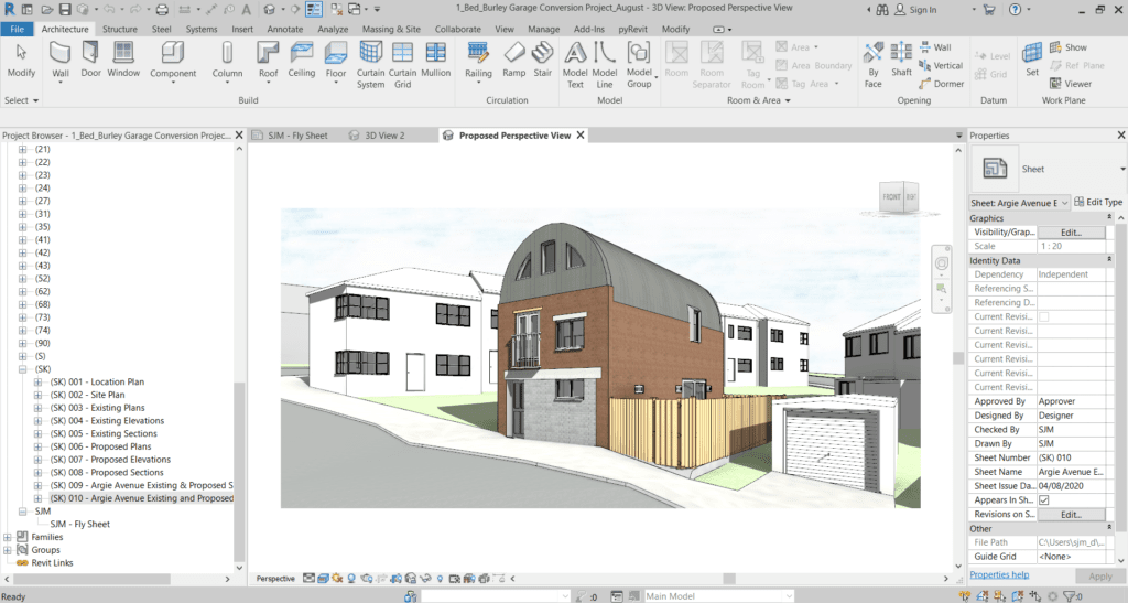 BIM software interface showing a 3D rendering of a modern two-story house with a rounded roof.