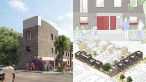 Modern residential development featuring realistic street view and detailed architectural drawing with greenery.