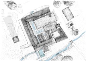 Detailed architectural site plan of a historic complex with surrounding natural features.