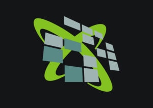 Abstract digital design with green loops and blue squares on dark background.