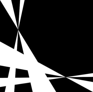 Dynamic black and white geometric abstraction with intersecting triangles and lines.