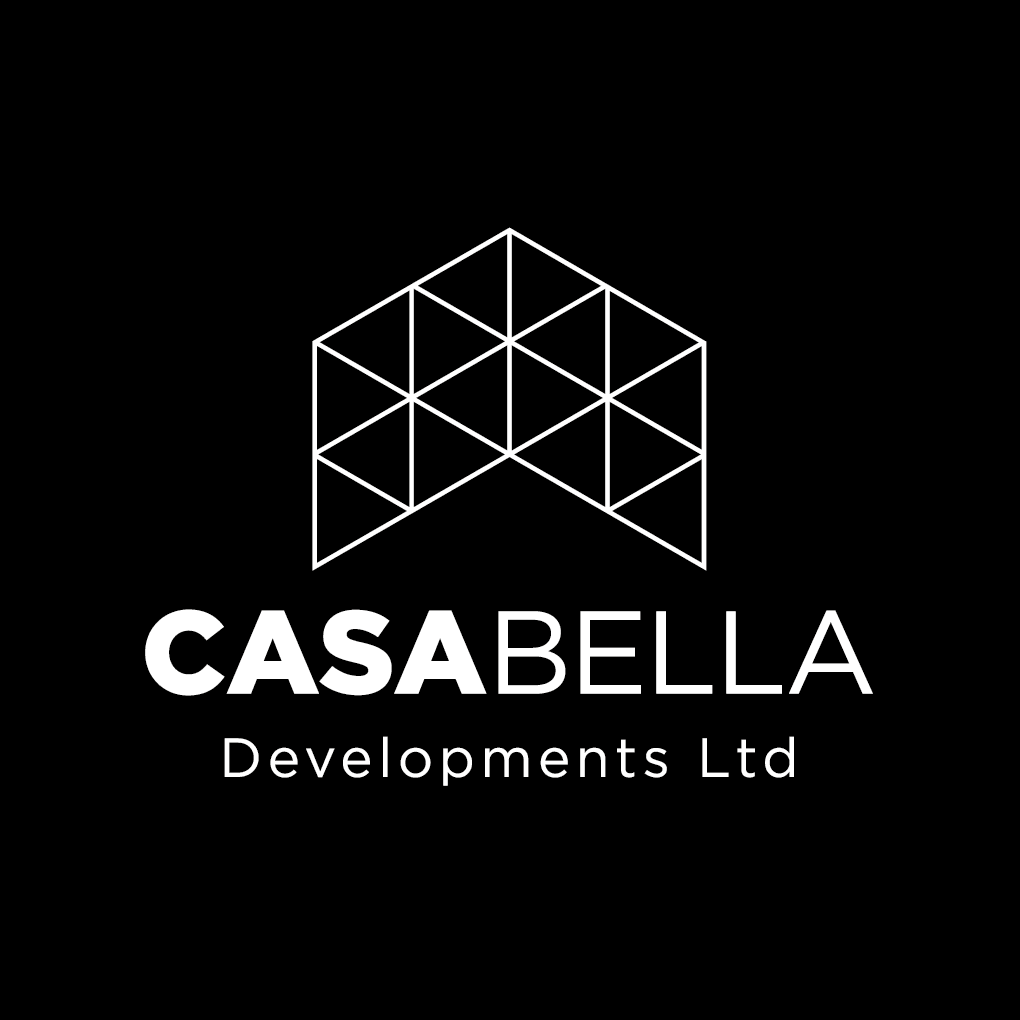 Logo of CASABELLA Developments Ltd featuring a geometric house design on a black background.