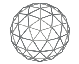 Geodesic sphere with a network of triangles in a monochromatic colour scheme.