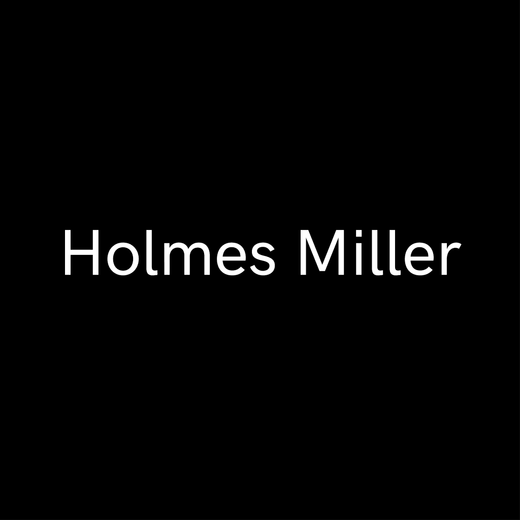 Holmes Miller minimalist logo, centred white text on black background.