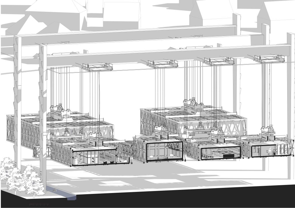 Industrial conveyor framework schematic showcasing modular design and structural support elements.