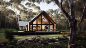 Tranquil modern cabin with A-frame design in lush forest, featuring large windows and outdoor deck.