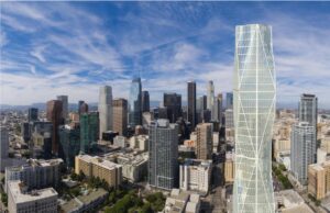 Futuristic skyscraper and diverse high-rise buildings in a modern city skyline under a blue sky.