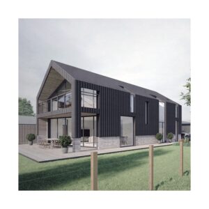 Modern two-story house with dark exterior and large windows by Ben Craven Architects.