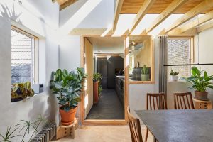 Modern dining room with skylights, exposed timber rafters, houseplants, and view into minimalist kitchen.