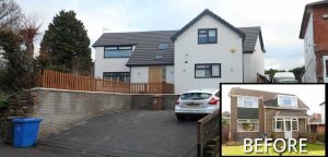 Derby two-storey detached house renovation: modern white-rendered exterior, driveway, before-and-after transformation.