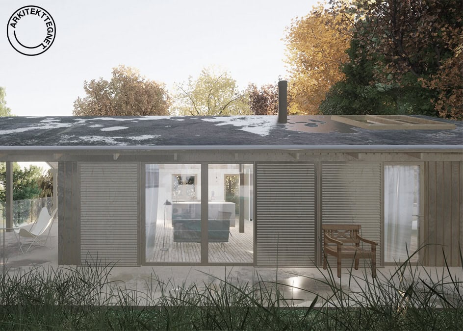 Modern minimalist house blending wood and glass, surrounded by lush greenery and a serene atmosphere.