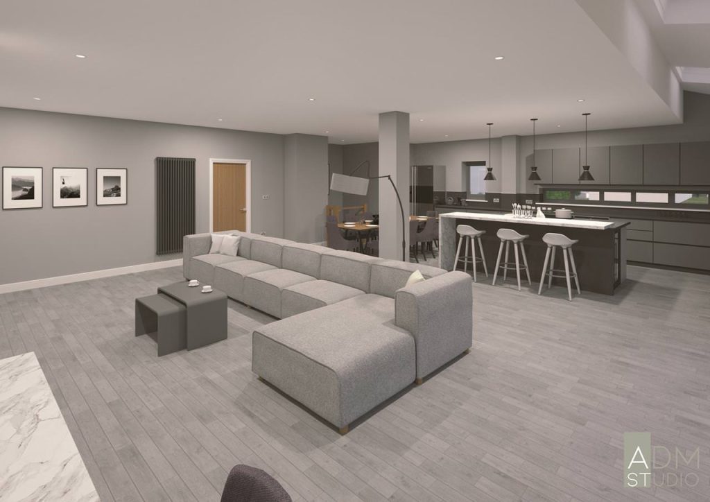 Modern grey open-plan living room with sectional sofa and sleek kitchen island with pendants.