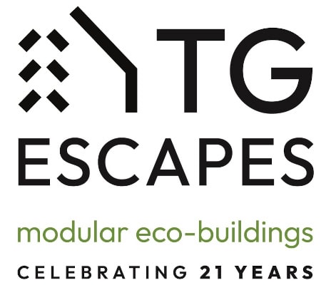YT G Escapes logo: 21 years of innovative modular eco-buildings and sustainable construction.