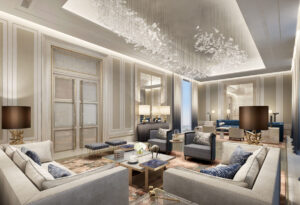 Luxurious modern living room with neutral tones, elegant decor, and contemporary chandelier.