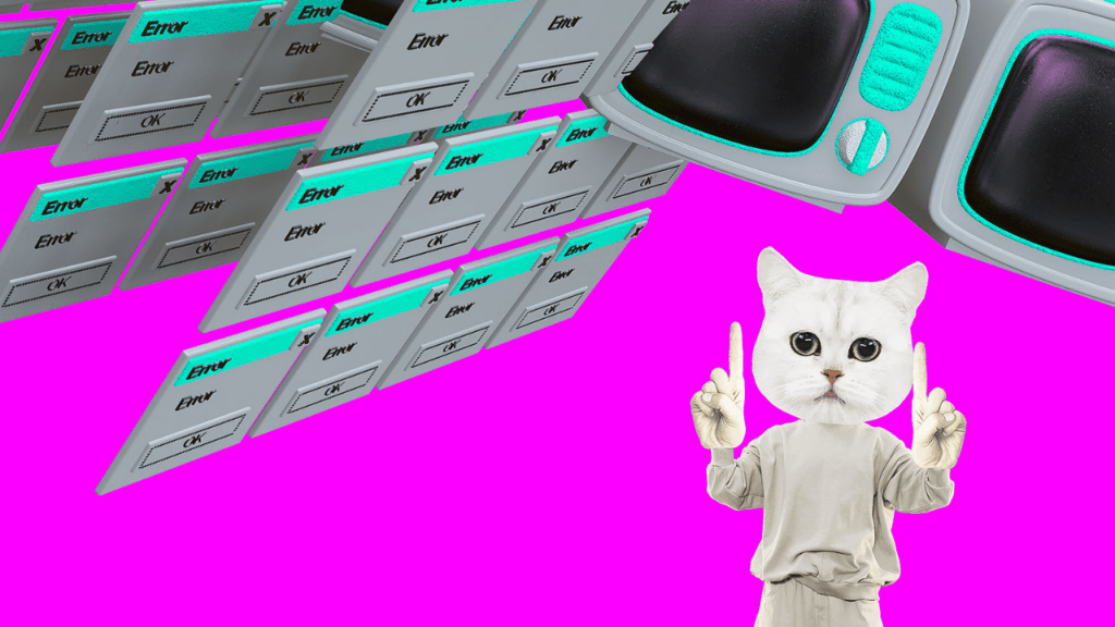 Anthropomorphic cat amidst retro computer errors and monitors, vibrant pink backdrop, playful tech scene.