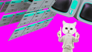 Anthropomorphic cat amidst retro computer errors and monitors, vibrant pink backdrop, playful tech scene.