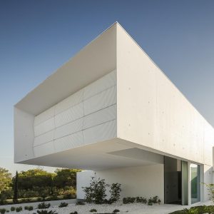 Contemporary minimalist home design featuring a striking floating roof and elegant landscaping.